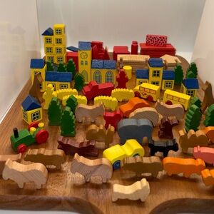 Colorful Wooden Town Building Set - Yellow & Blue Pieces